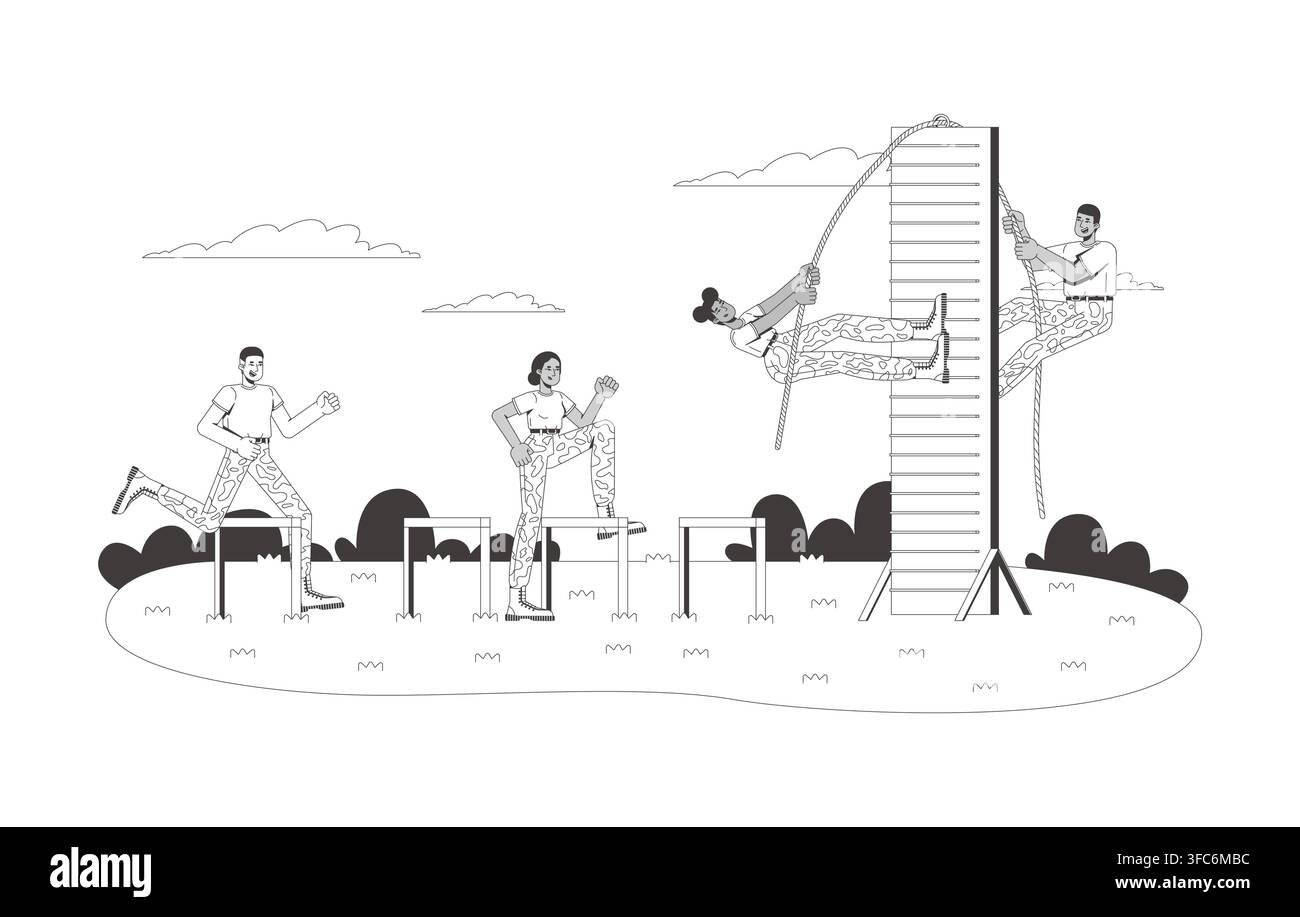 Military training camp obstacle course flat line illustration Stock Vector