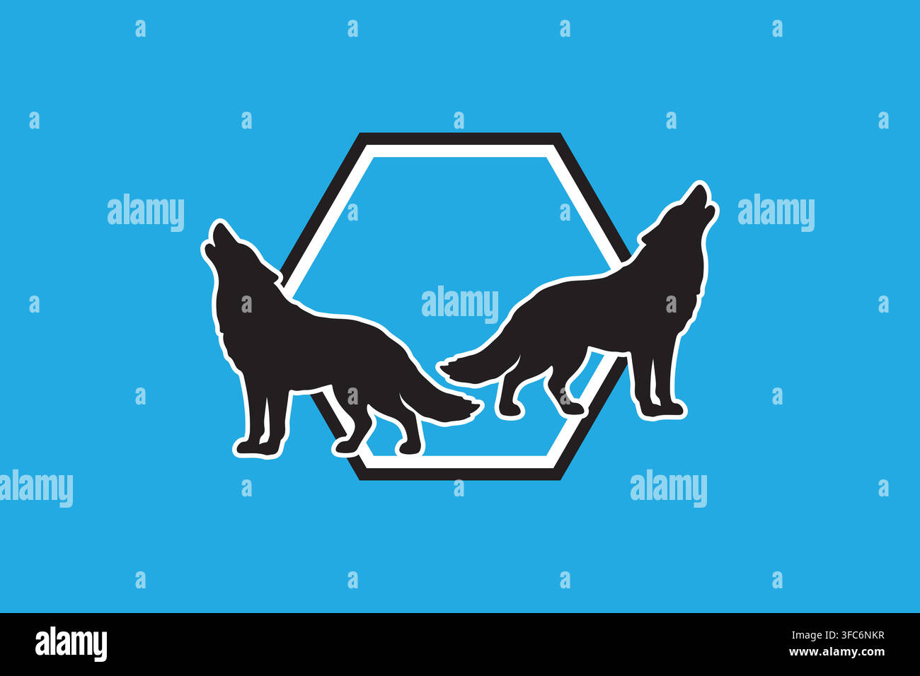 Premium wolf silhouette logo vector illustration featuring two howling wolves against a modern hexagonal background. Stock Vector