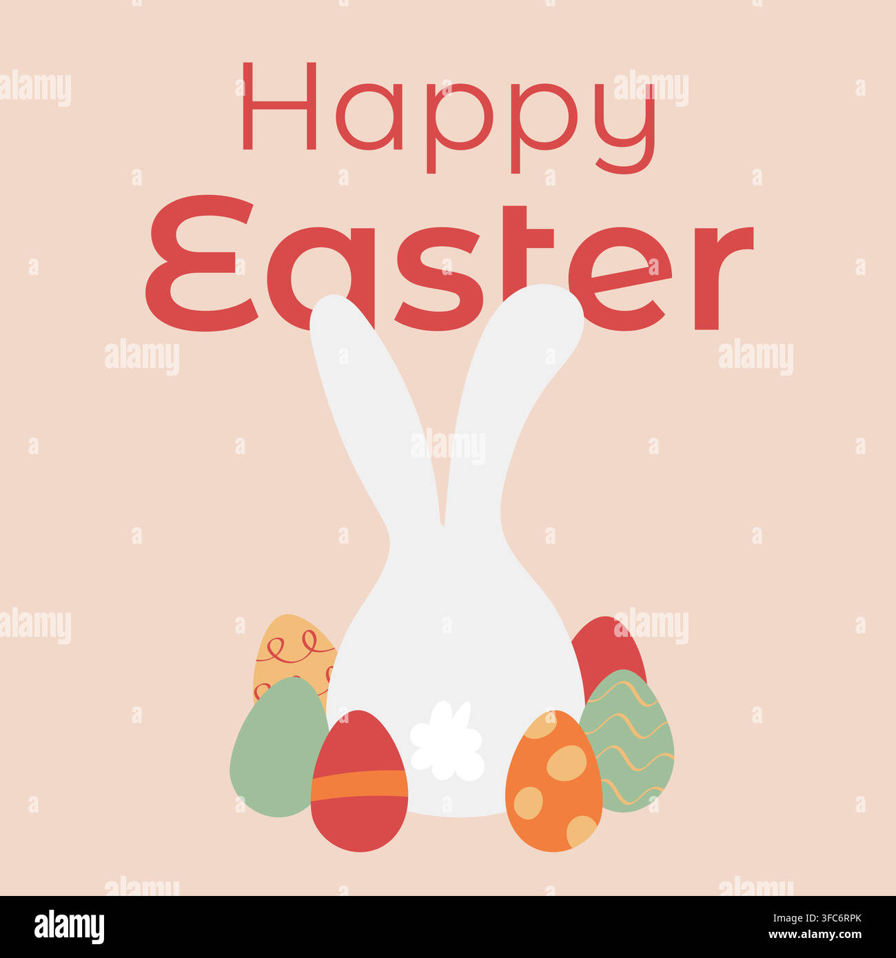 White rabbit around Easter eggs Illustration. Congratulations Happy Easter. The hare sits on its back. Colored and patterned eggs. Vector illustration Stock Vector