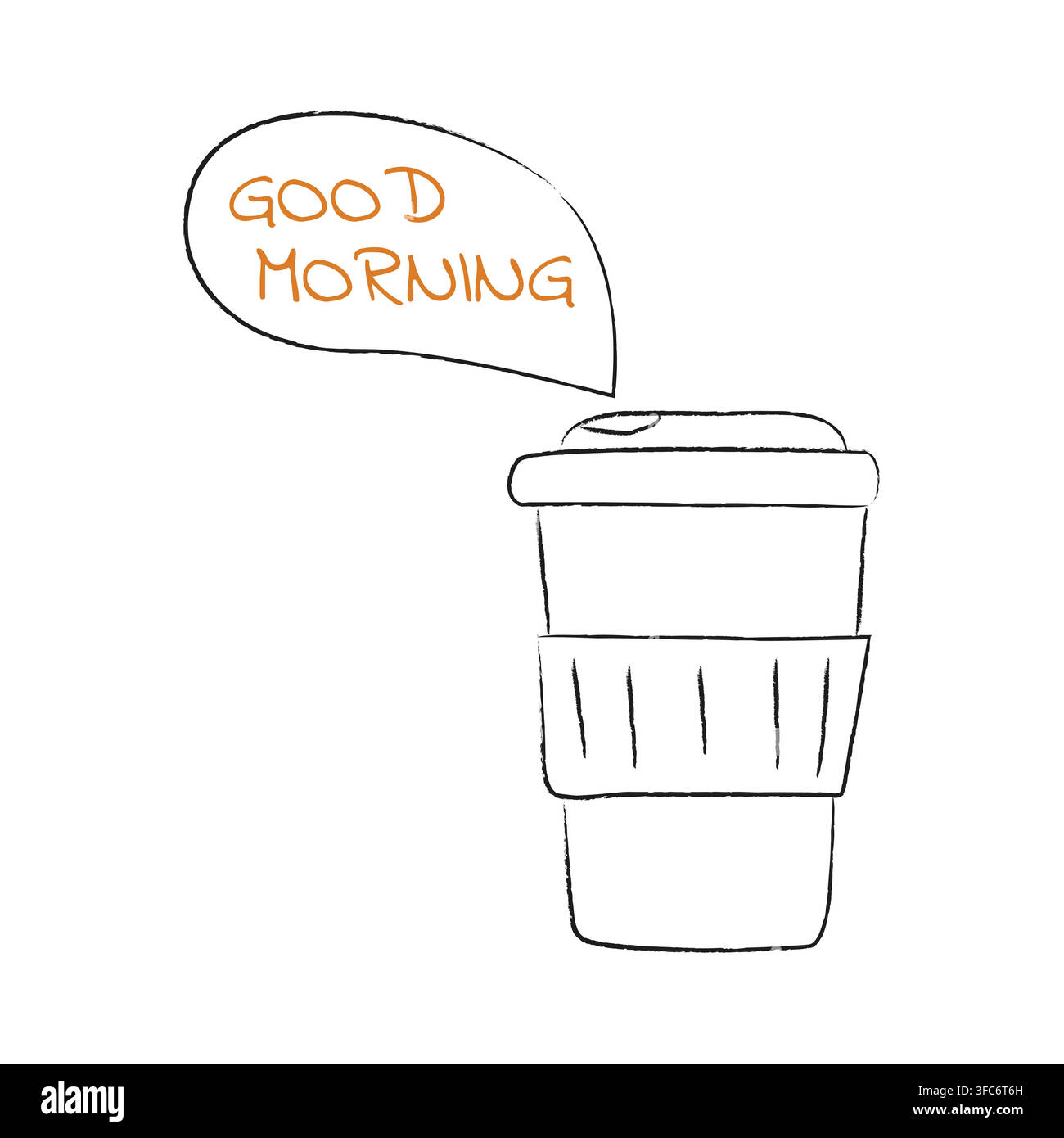 Coffee cup doodle with text Good morning. Coffee to go. Hot drink in a disposable cup. Bubble text. Contour pencil. Isolated on white background. Vect Stock Vector
