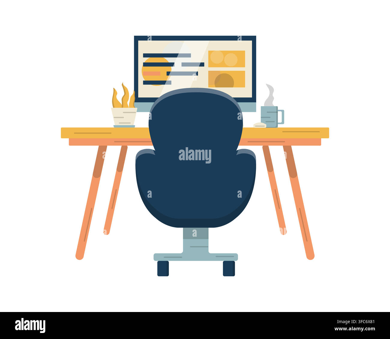 Workplace of a developer or designer. Website development. Monoblock, computer or monitor. Office chair and table. Indoor plant. Cup of coffee. Remote Stock Vector