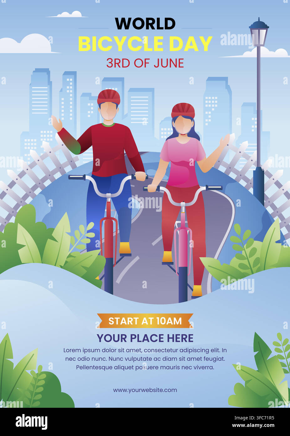 Two cyclists wave cheerfully on a sunny city path Stock Vector