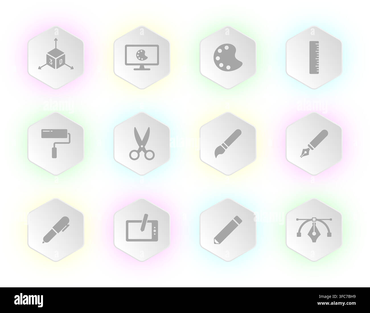 A collection of twelve soft glowing hexagonal buttons Stock Vector