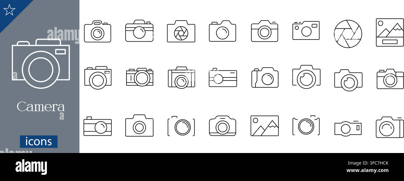Camera line icons set showing photo camera, shutter aperture, picture frame, SLR camera, digital camera, and image gallery linear vector illustration Stock Vector