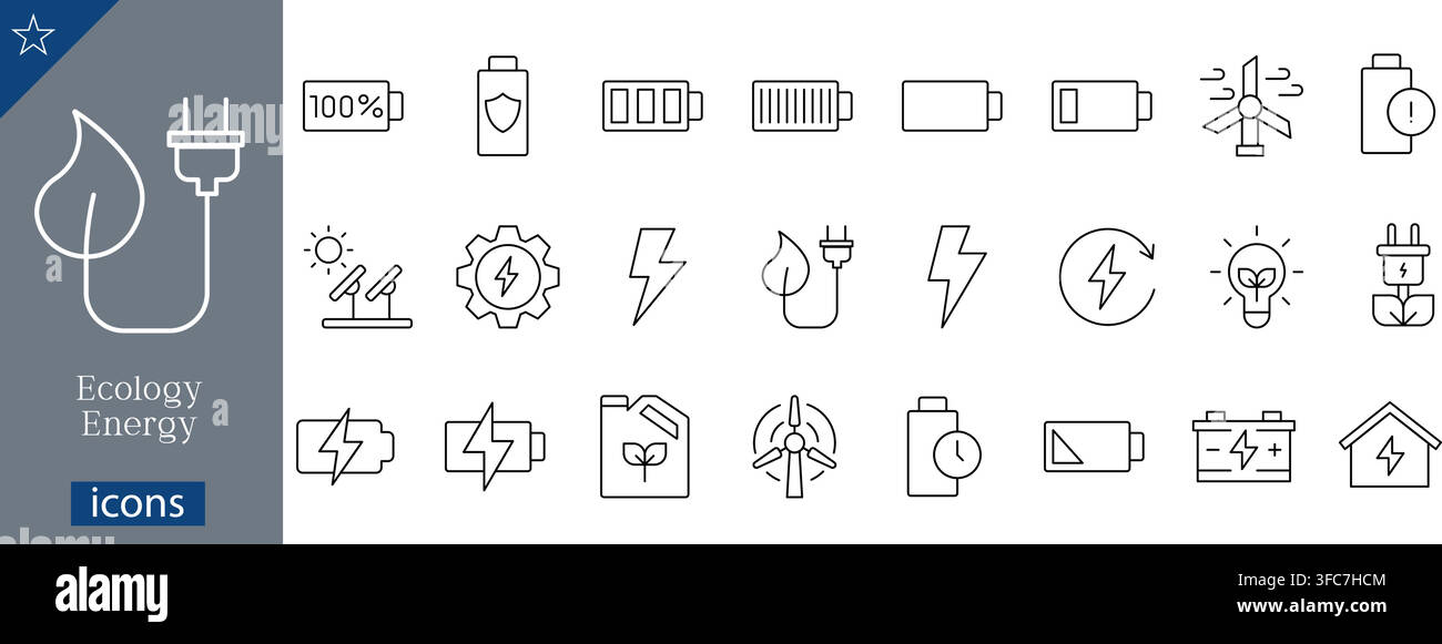 Ecology energy line icons set showing renewable power, solar panel, wind turbine, eco electric plug, and battery status linear vector illustration Stock Vector