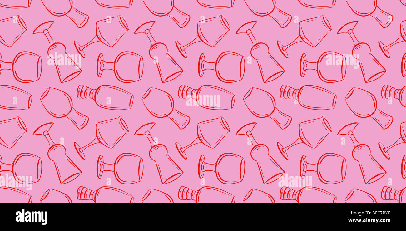 Seamless beer glass pattern in pink line art style, repeating beverage texture for pub menu, bar wallpaper, packaging, textile and background design Stock Vector