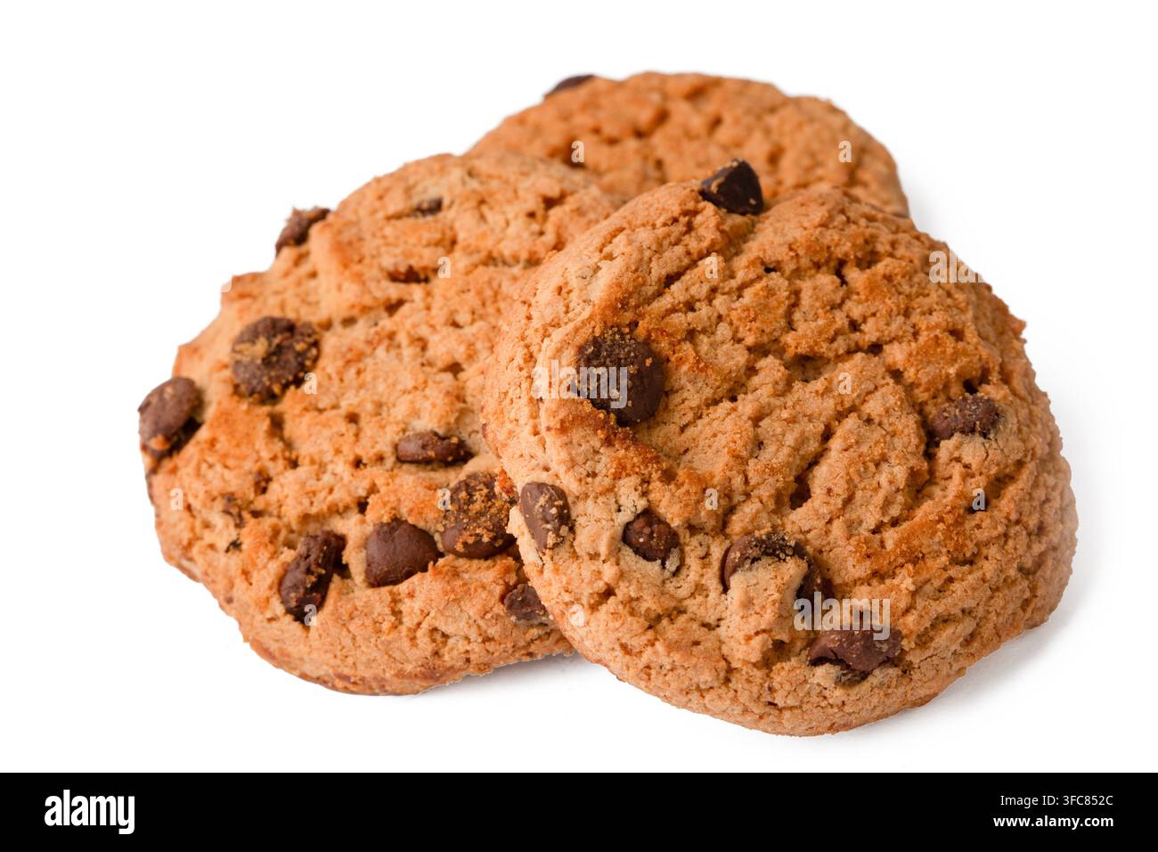 Three Fresh Chocolate Chip Cookies Stack Isolated on White Background Stock Photo