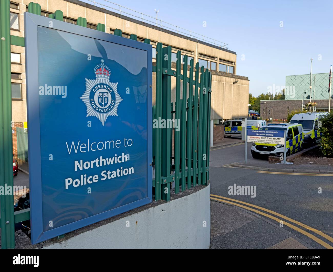 Entrance sign for Northwich Police Station, Cheshire Constabulary, on Chester Way in Northwich town centre. Stock Photo
