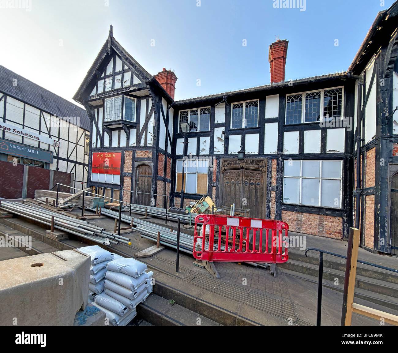 Side view of historic Northwich Library undergoing restoration and refurbishment at 89 Witton Street in August 2026. Stock Photo