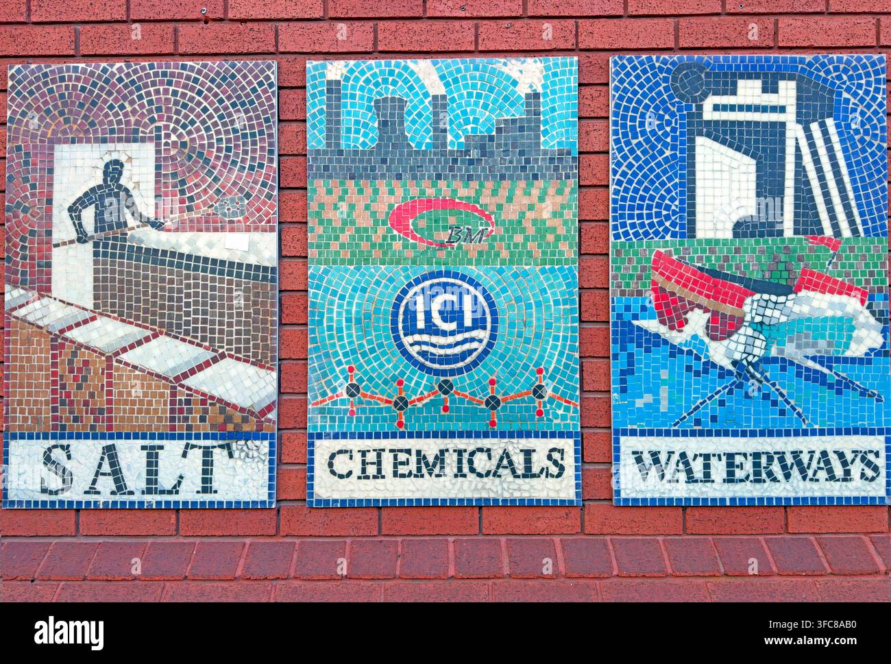 Northwich heritage mosaics depicting Salt, Chemicals and Waterways, three industries central to the Cheshire town’s history. Stock Photo