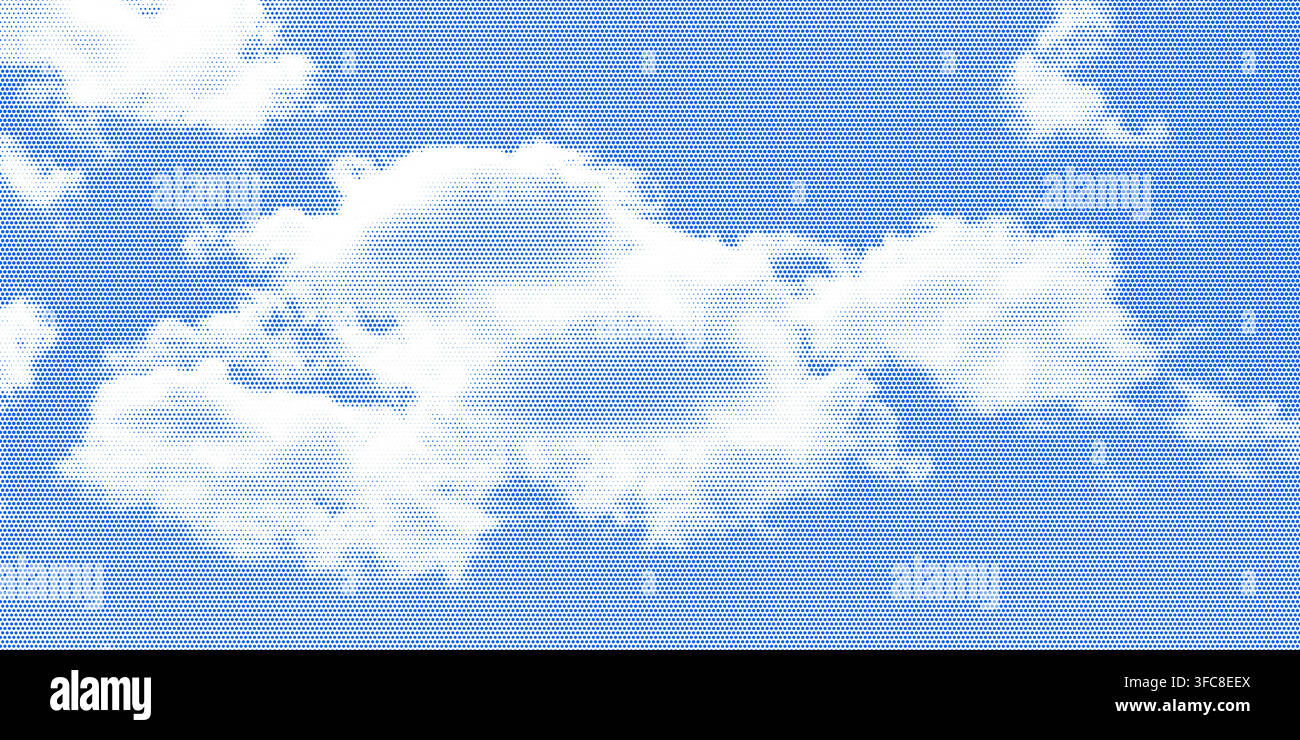 Halftone cloud sky on blue backdrop with pixelated texture vector illustration background. Stock Vector