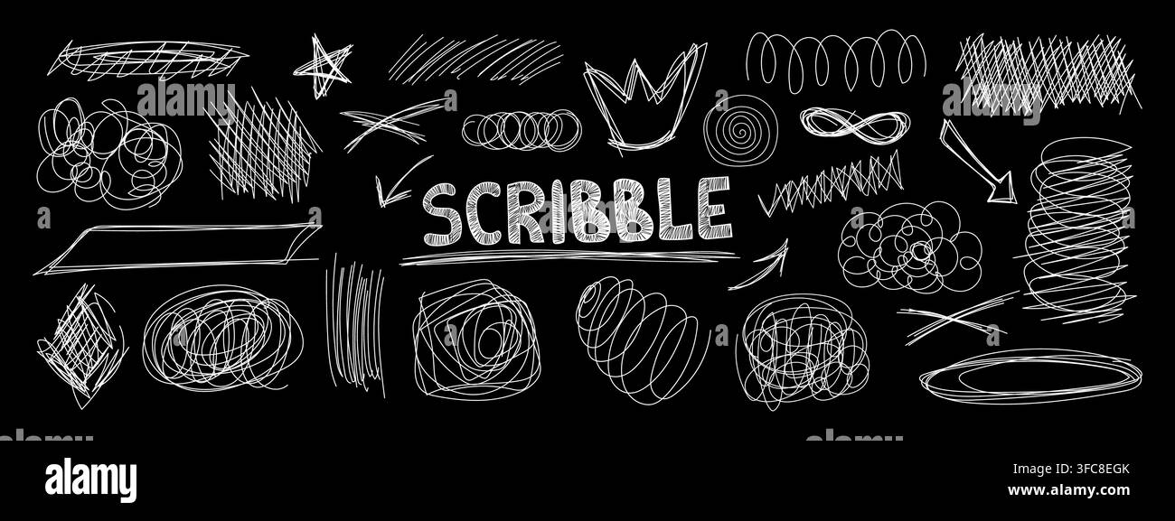 Pen doodles and scribbles form chaotic handwritten textures vector illustration set. Stock Vector