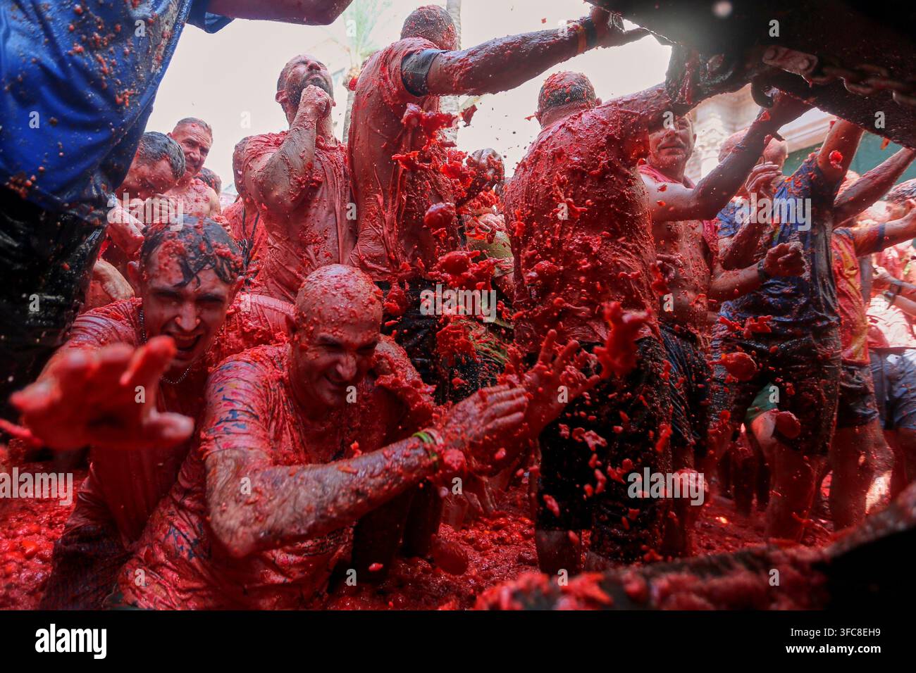 Revelers throw tomatoes at each other during the annual 
