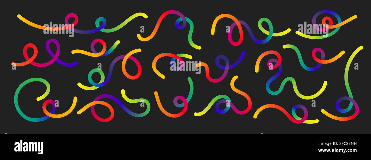 Wavy squiggle rainbow gradient color line create dynamic abstract curve vector illustration set. Stock Vector