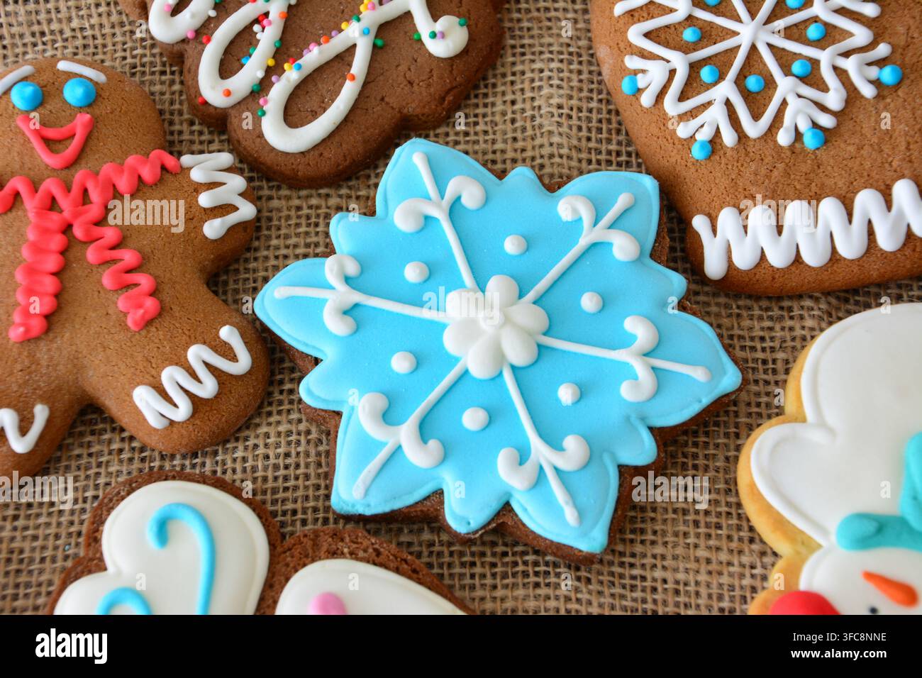 Assorted Gingerbread Cookies on Burlap texture, close up, high angle view Stock Photo