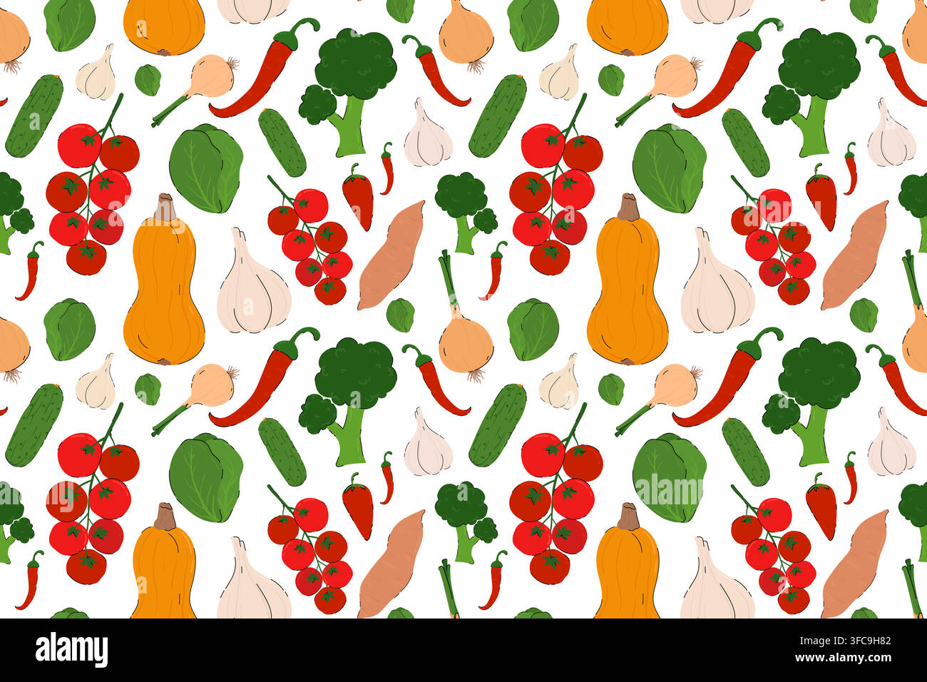 Vegetables Seamless Pattern in Hand Drawn Flat Style. Healthy food vector pattern. Farmers market veggies, cartoon harvest trendy food background for Stock Vector