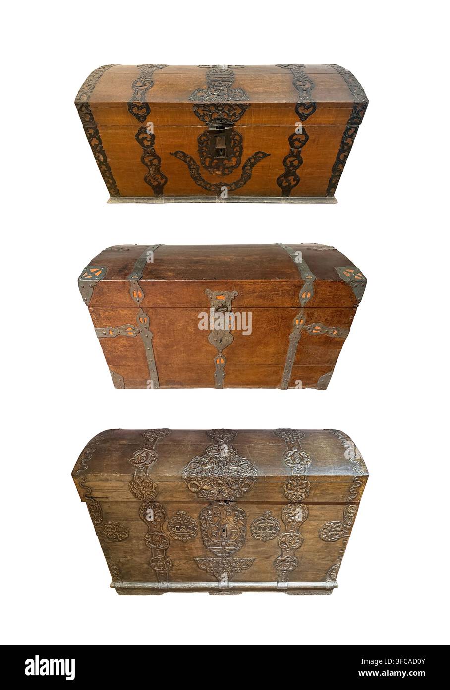 Group of old wooden chests isolated on white background Stock Photo