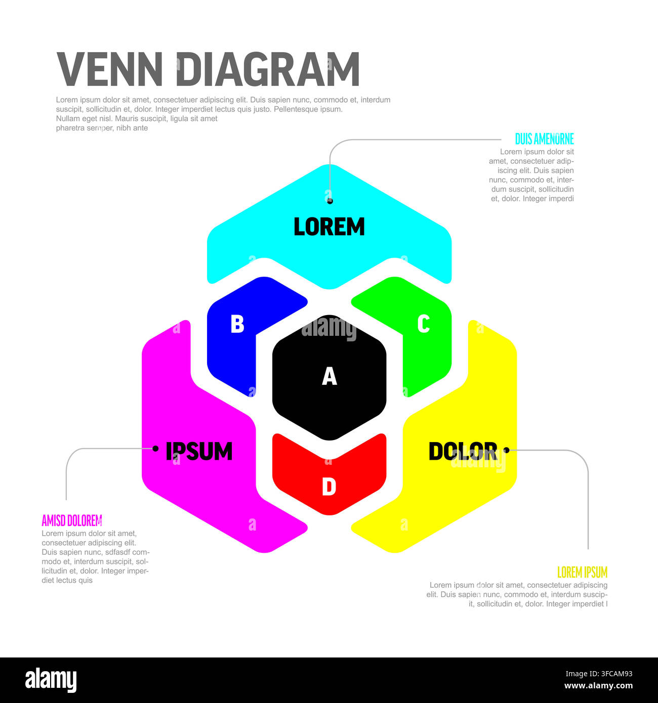 This colorful Venn diagram features overlapping hexagonal shapes for data visualization. Use this Venn diagram infographic to present complex relation Stock Vector