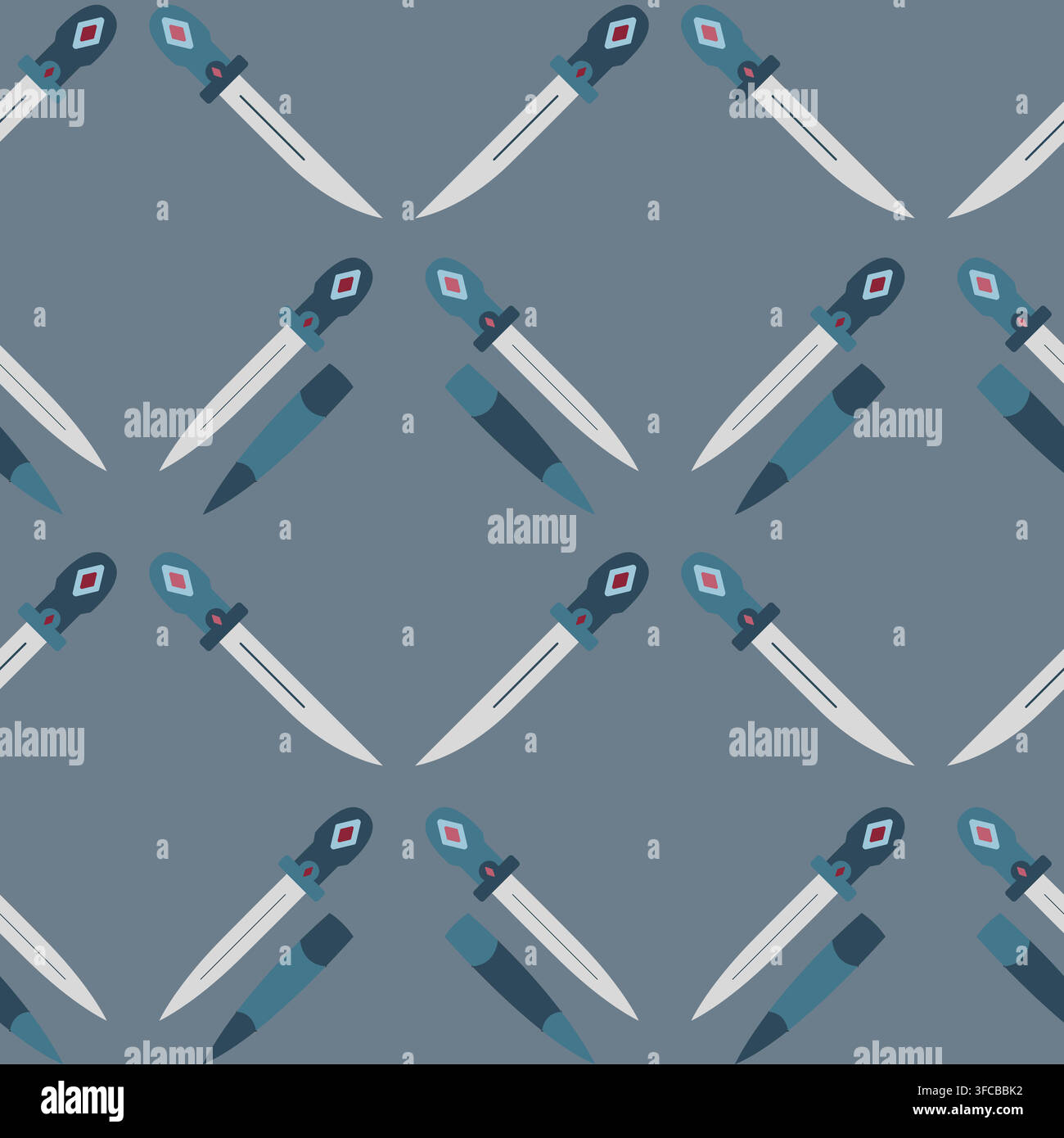Seamless pattern with weapons on a dark gray background. Sharp blade and sheath. Vector illustration Stock Vector