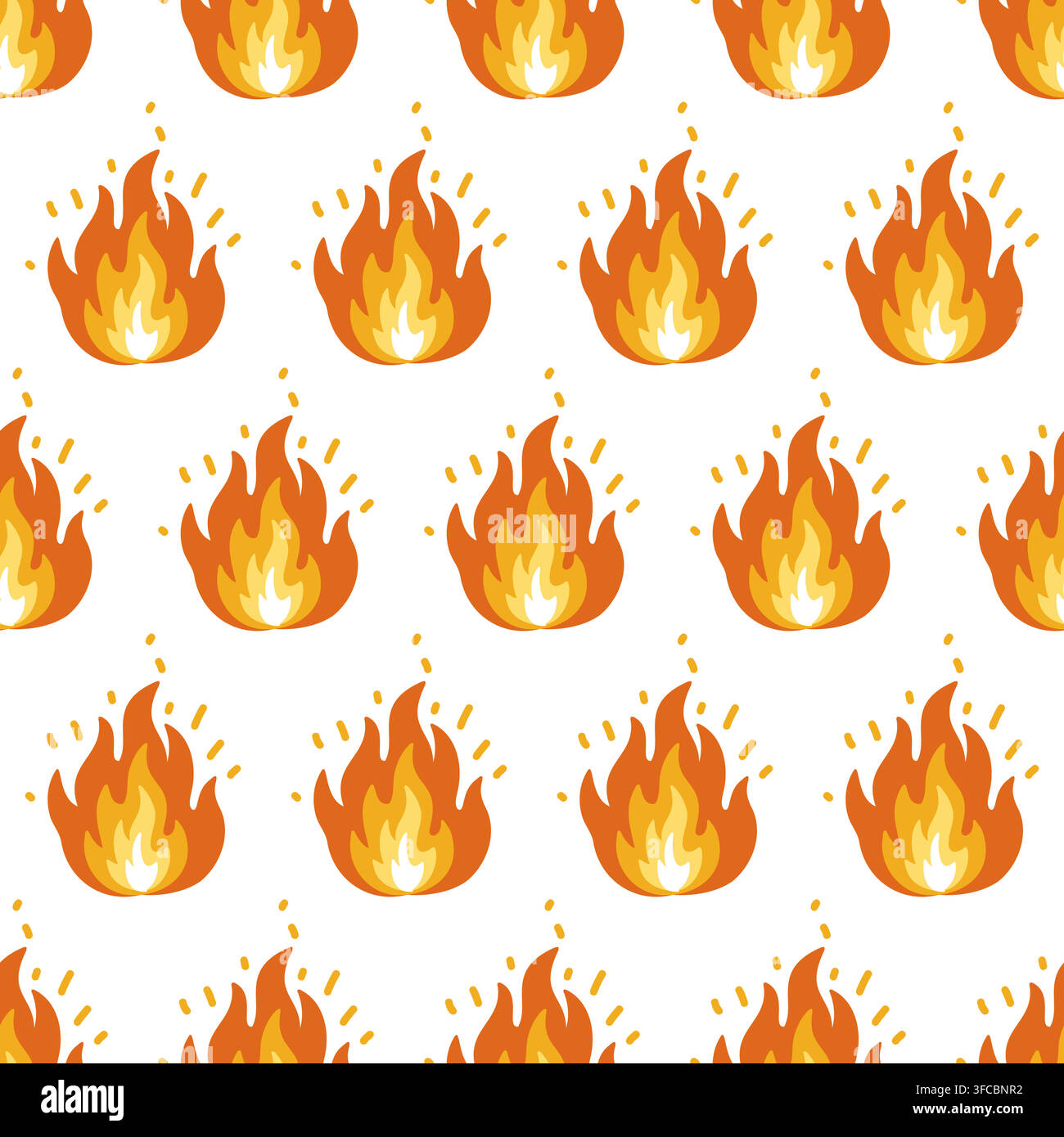 Seamless pattern with bright orange fire flames and decorative sparks on white background Stock Vector