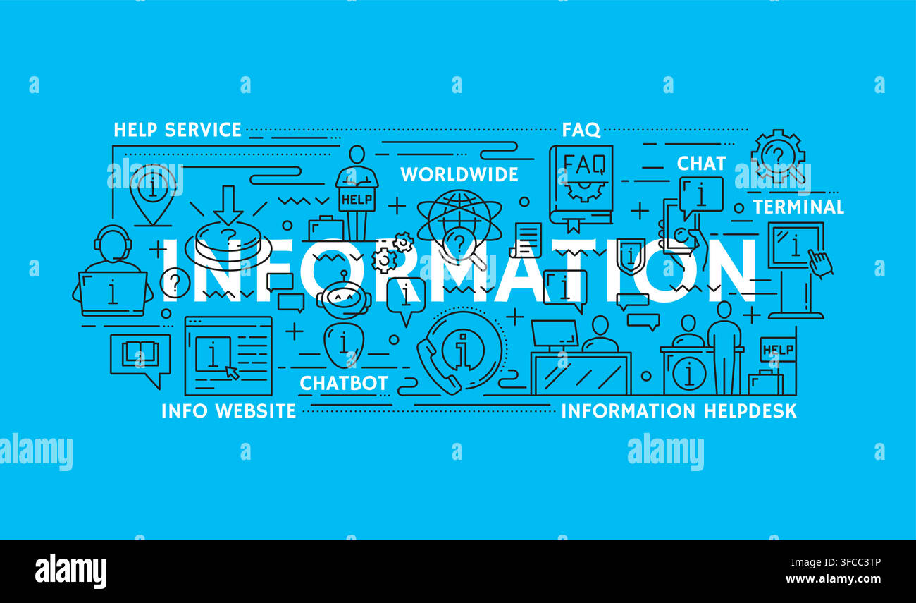 Information line icons, instruction and help, privacy policy and manual guide. Modern customer support banner featuring helpdesk, chatbot, FAQ, chat, communication and assistance service linear signs Stock Vector