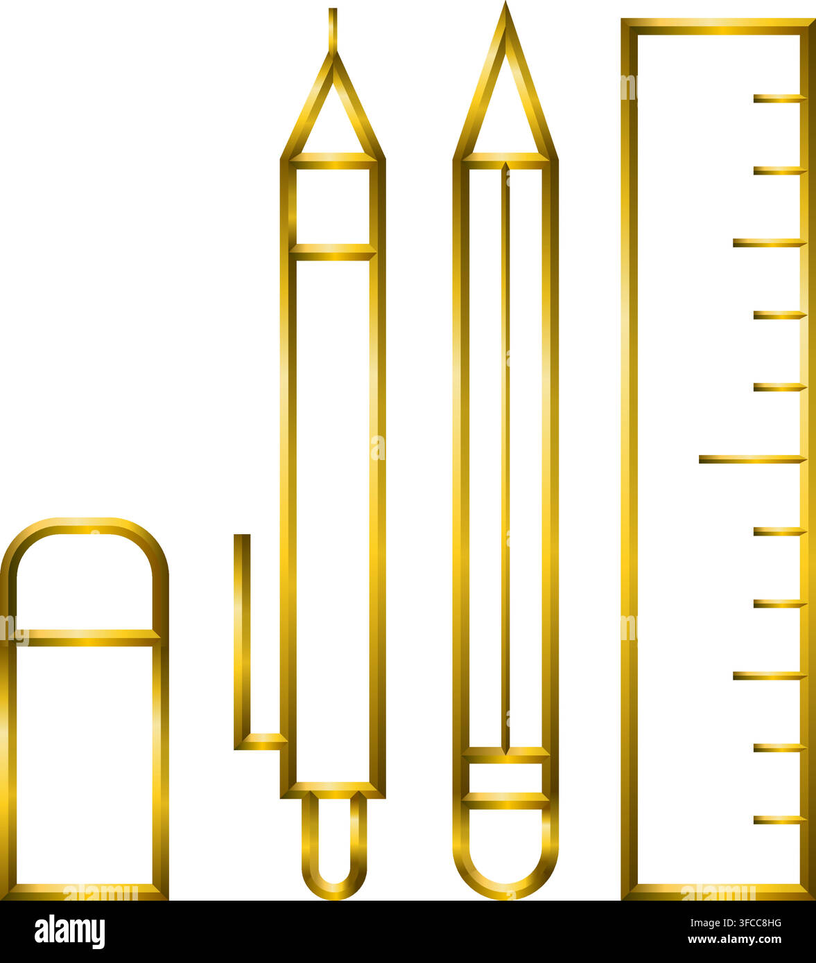 Stationery elements icon, golden metallic thin 3d lines collection. Stock Vector
