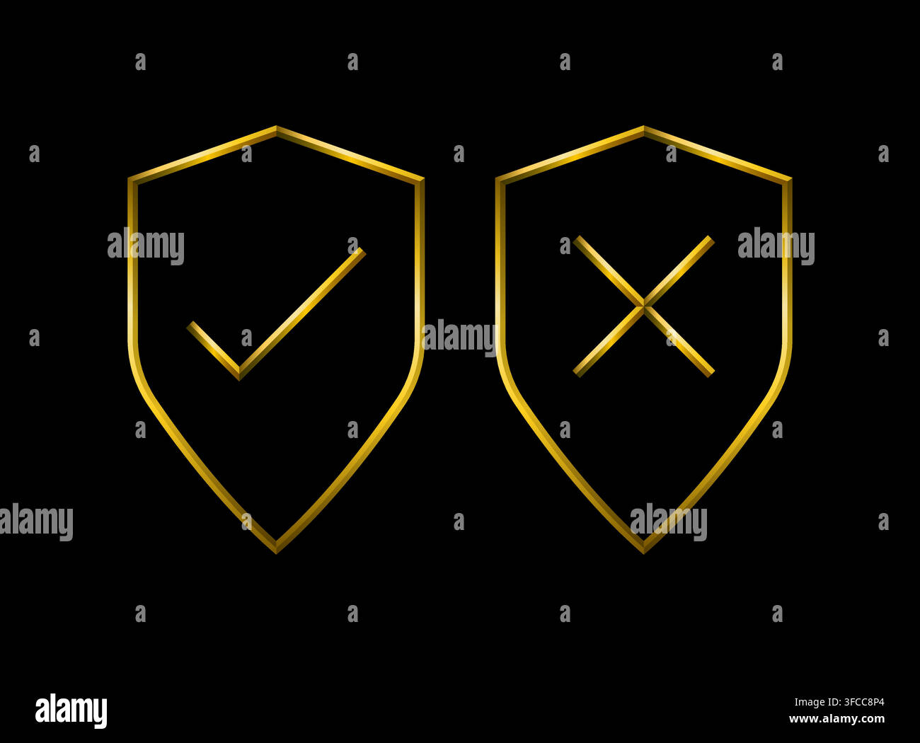 Security shield icons. Metallic gold icons set collection. Stock Vector