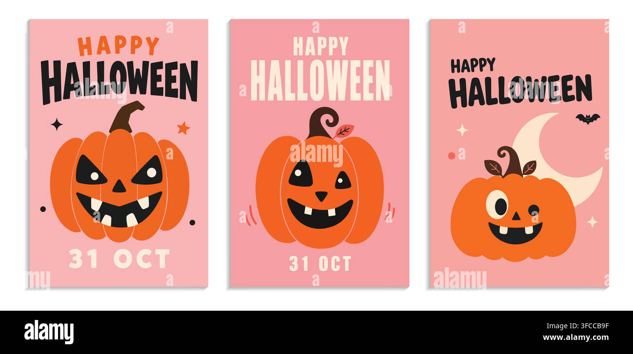 Set of cute Happy Halloween greeting cards with cartoon jack-o-lantern pumpkins on pink background. Stock Vector