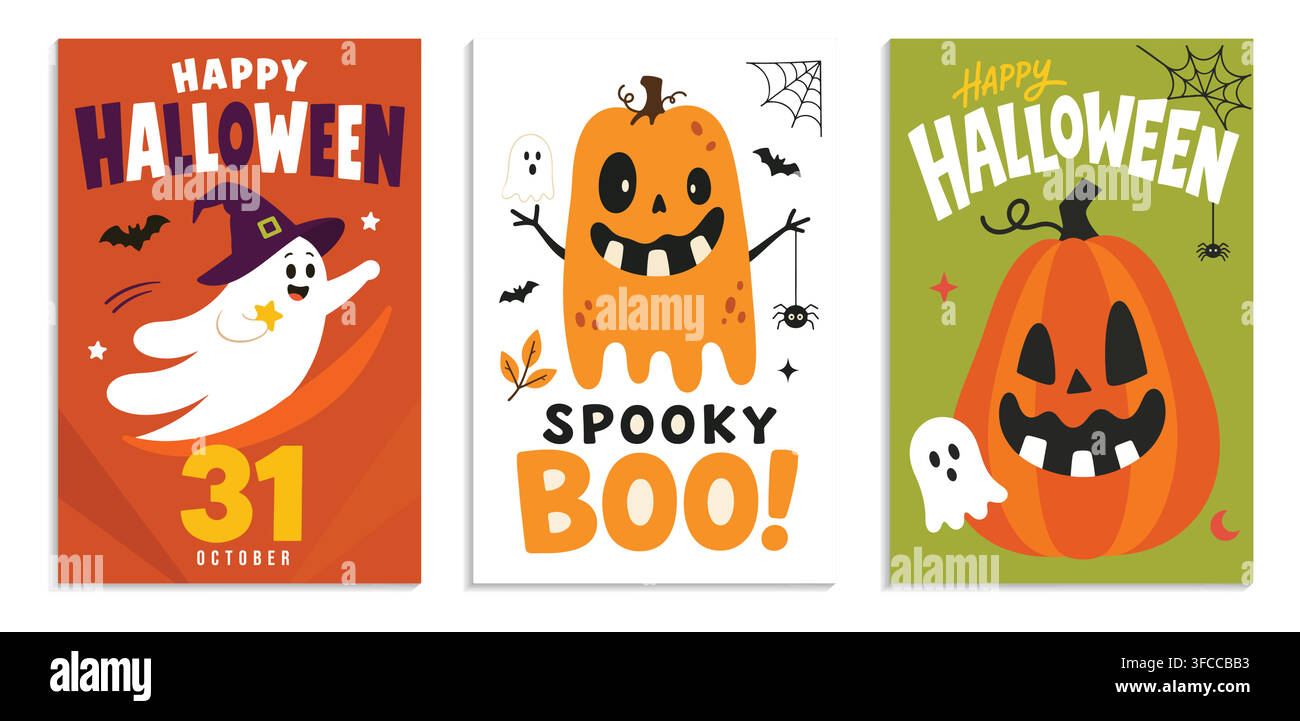 Cute Halloween ghost & pumpkin cards Stock Vector