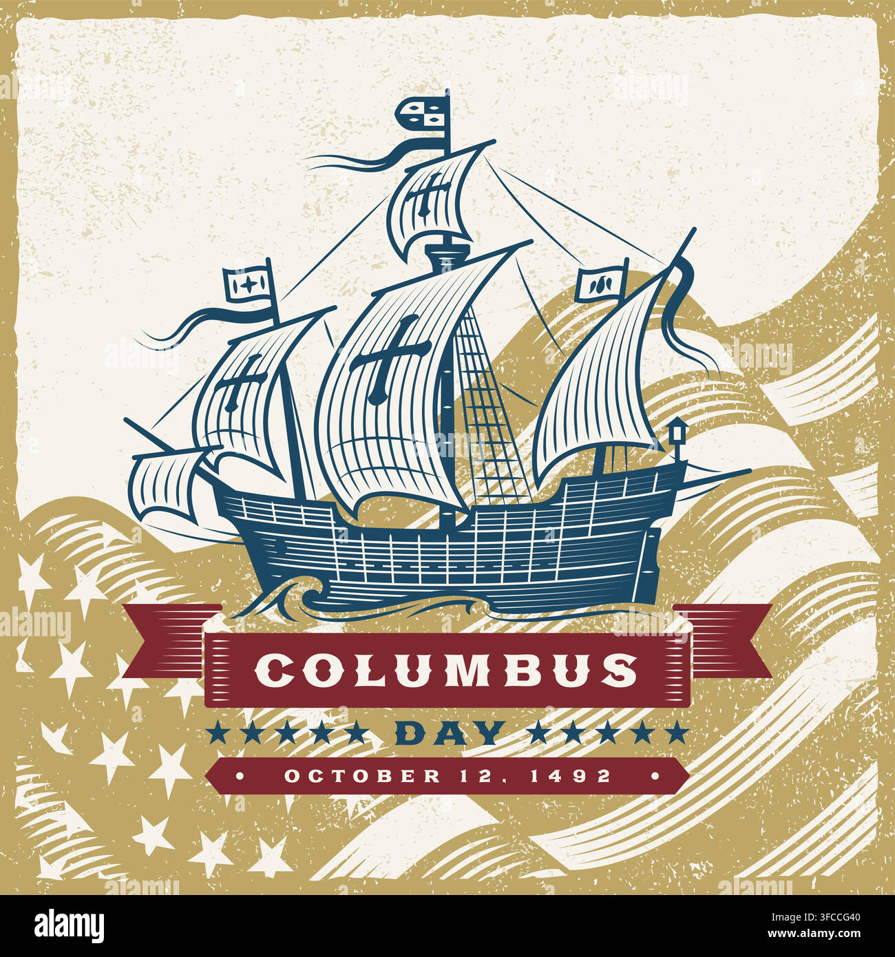 Columbus Day Vintage Sailing Ship Vector Illustration Stock Vector