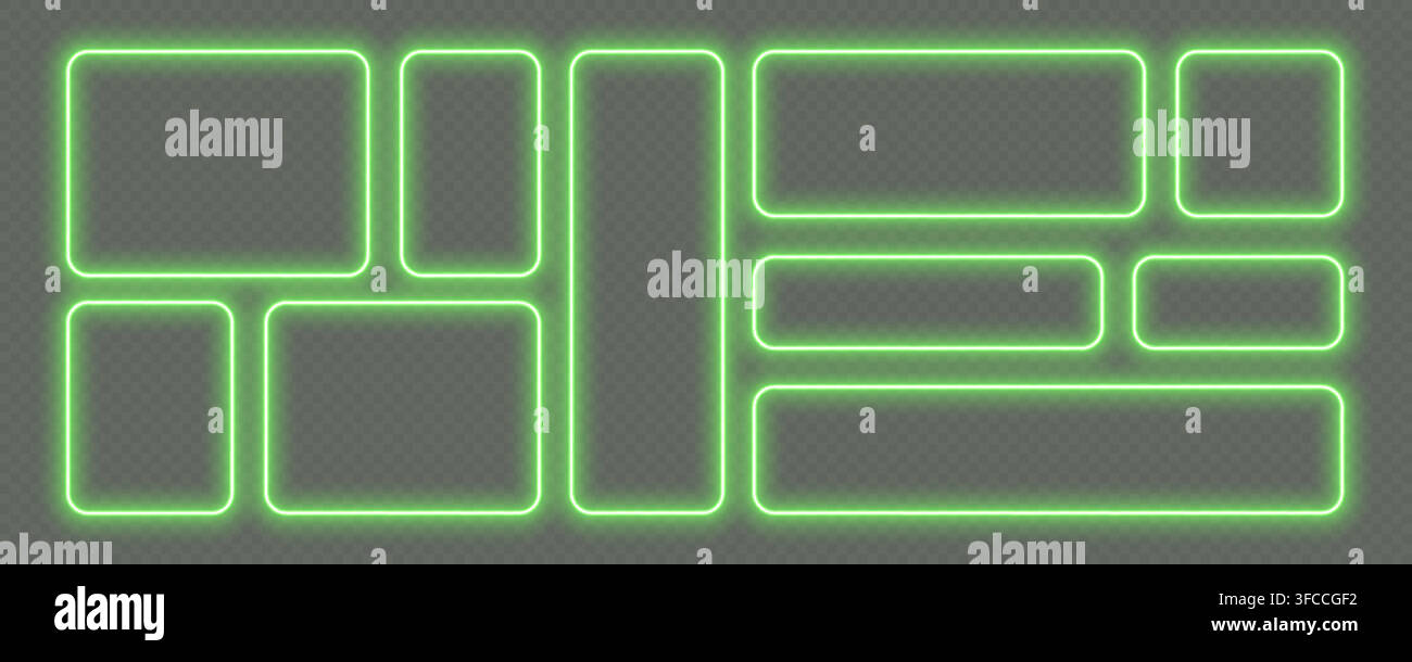 Neon glowing frames, green night banners, bright illuminated borders. Rectangular design elements. Stock Vector