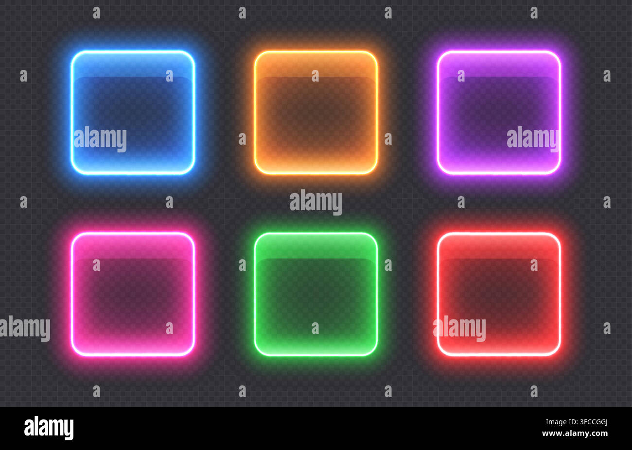 Glass square action buttons, glossy transparent elements. Stock Vector
