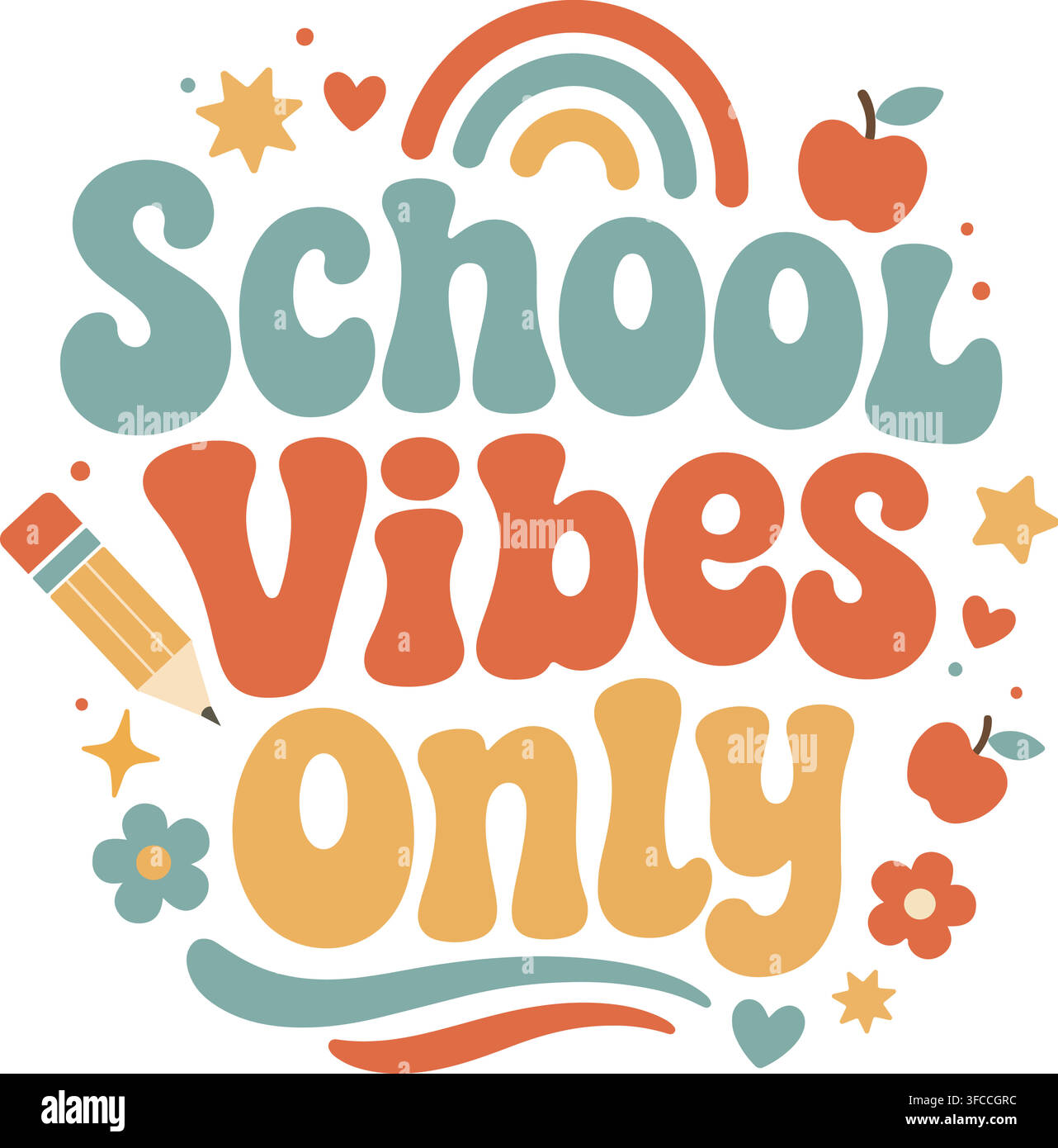 Retro back to school typography illustration featuring rainbow, apples, and pencil with School Vibes Only quote on white background. Stock Vector