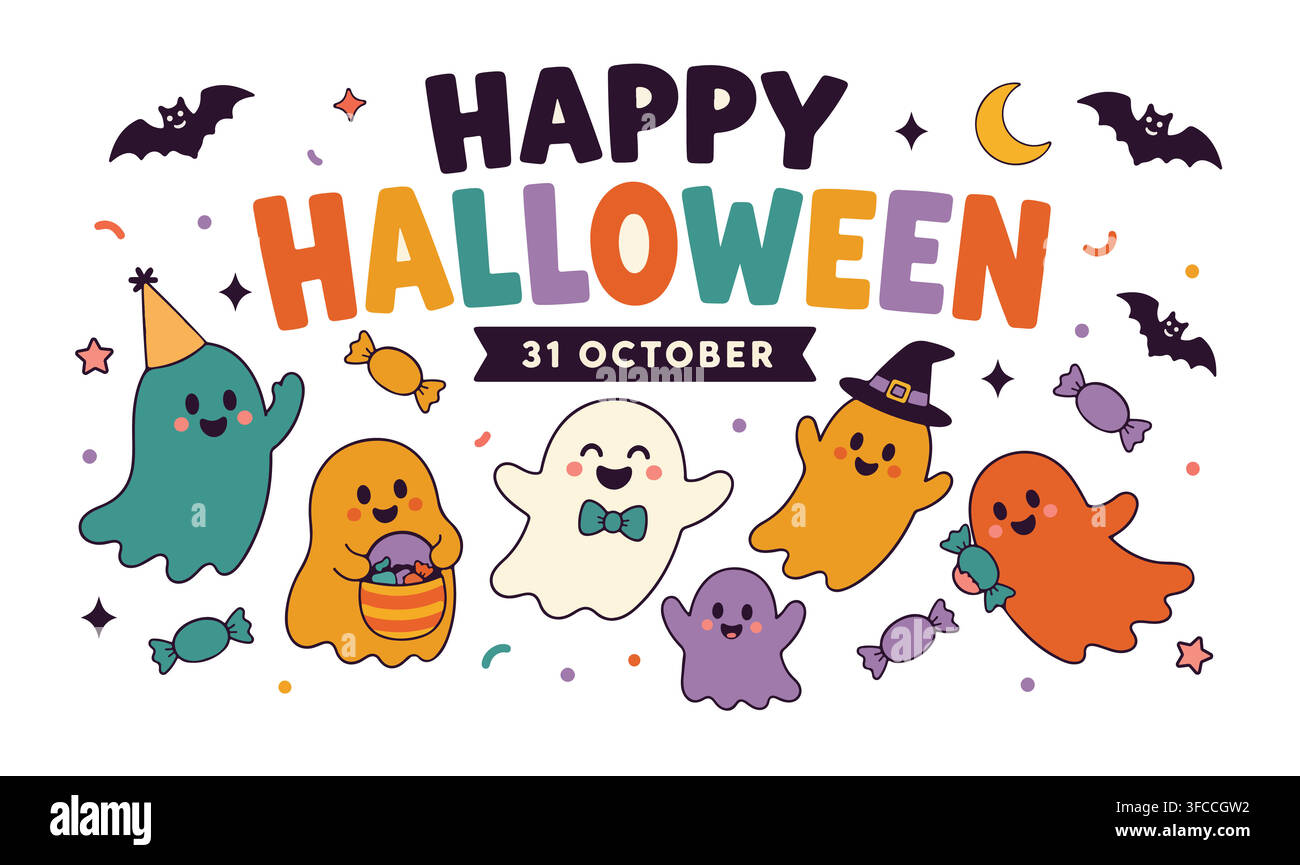 Cute Happy Halloween banner illustration with colorful cartoon ghosts, bats, candy, and typography on white background. Stock Vector