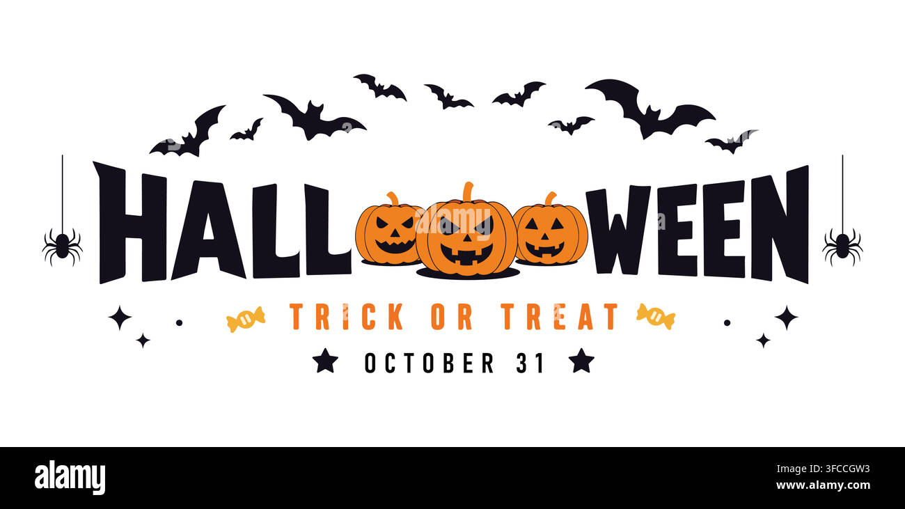 Halloween Trick or Treat typography banner vector illustration with carved pumpkins, flying bats, and hanging spiders. Stock Vector
