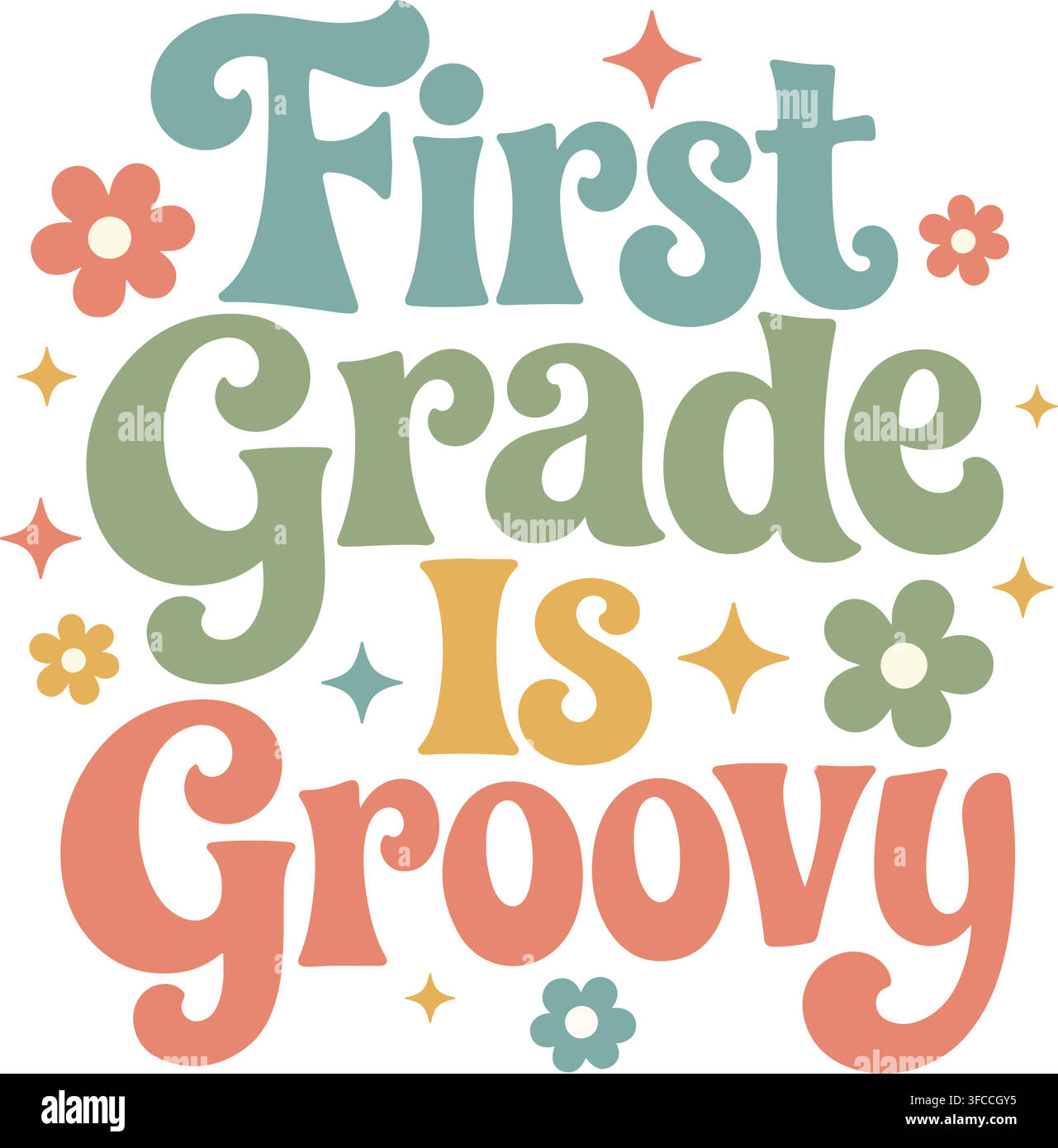 Retro First Grade Is Groovy back to school typography design with vintage pastel flowers and sparkles on white. Stock Vector
