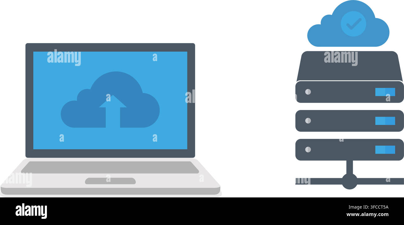upload data from laptop to cloud server storage for backup and file synchronization across modern computer network Stock Vector