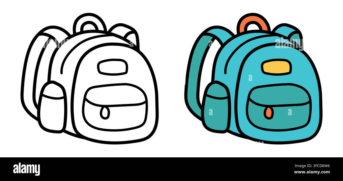 School backpack line and color icon. Blue student bag vector illustration. Cute outline and colored rucksack symbol isolated on white background for Stock Vector
