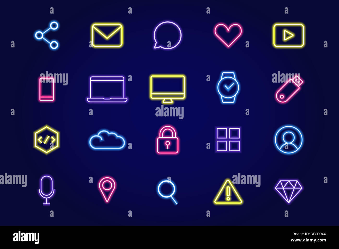 Collection of neon icons on the theme of IT- sphere. Technology and technology. Vector illustration Stock Vector