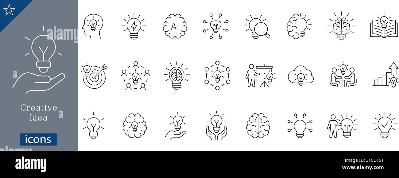 Creative idea icons set showing light bulb, AI brain, innovation network, target goal, presentation, cloud computing, holding bulb linear vector Stock Vector