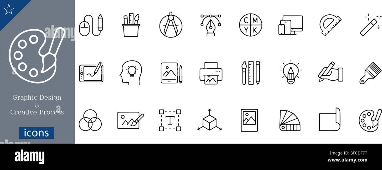 Graphic design and creative process icons set showing color palette, pen tool, drawing tablet, CMYK color circle, printer, vector linear illustration Stock Vector