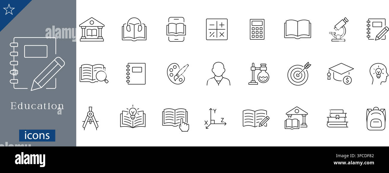 Education icons set showing library building, e-learning, math symbols, calculator, open book, microscope, notebook, science lab linear vector Stock Vector