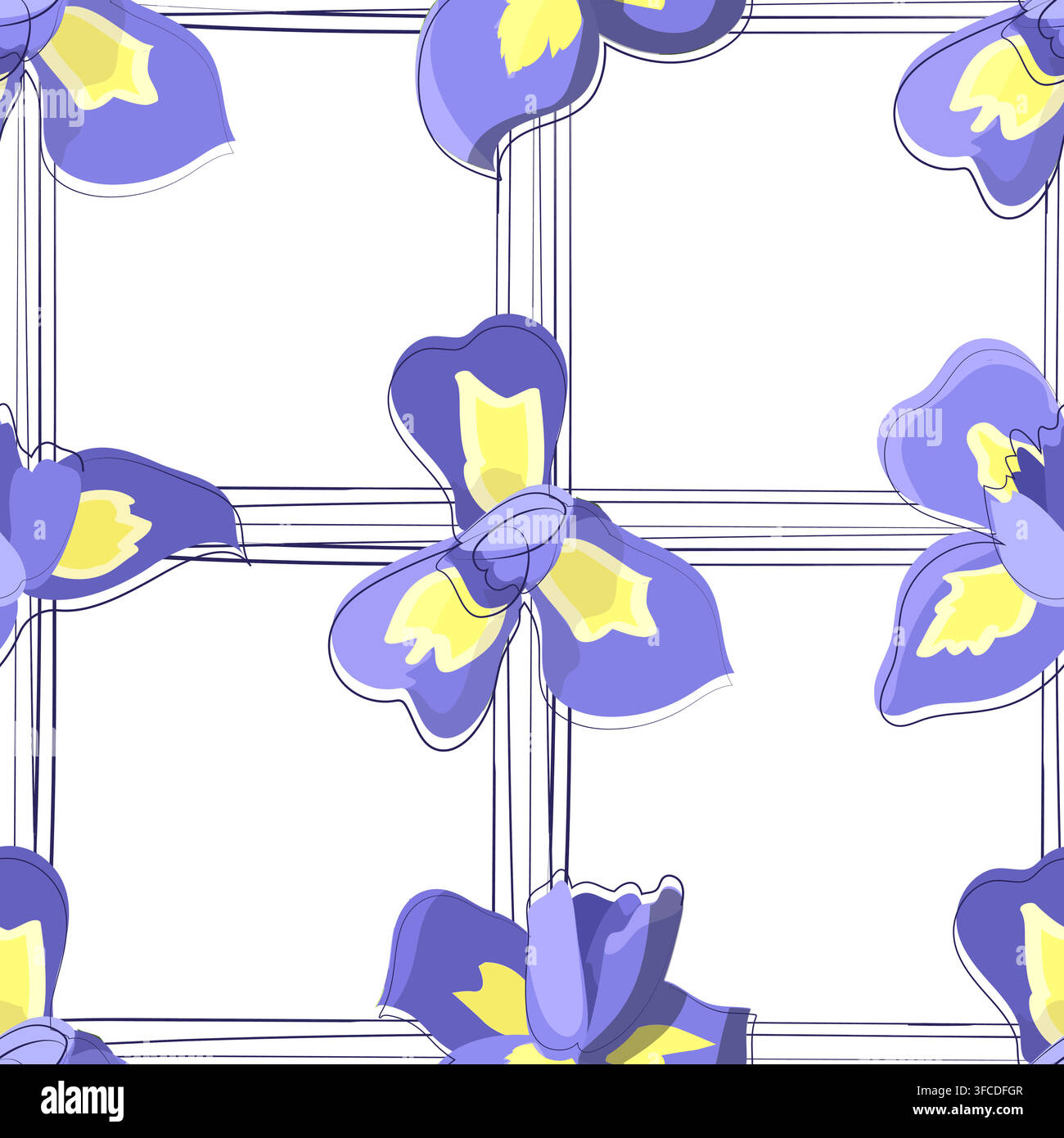Seamless vector pattern of blue irises with thin lines. Vector illustration Stock Vector