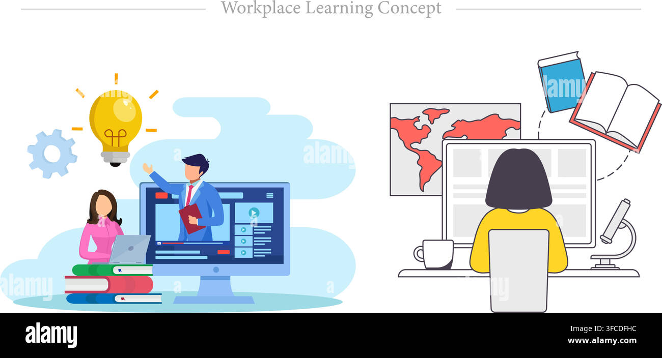 Workplace learning concept showing online video course, e-learning webinar, corporate training, computer desk study, flat vector illustration Stock Vector