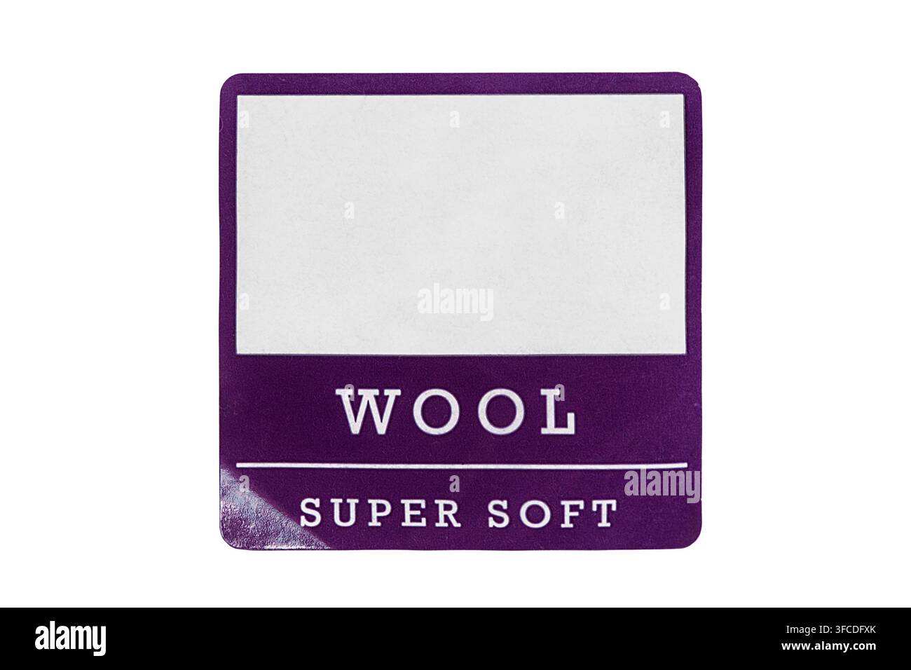 Clothes label text Wool Super Soft isolated on white background Stock Photo