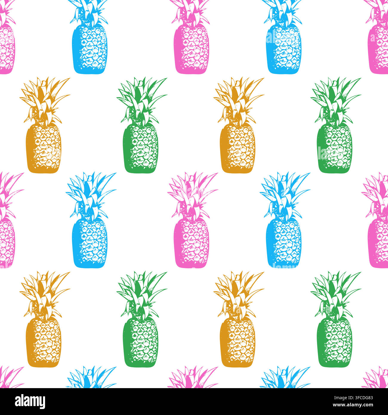 Vector pattern of multicolored sketching pineapples on a white background. Vector illustration Stock Vector