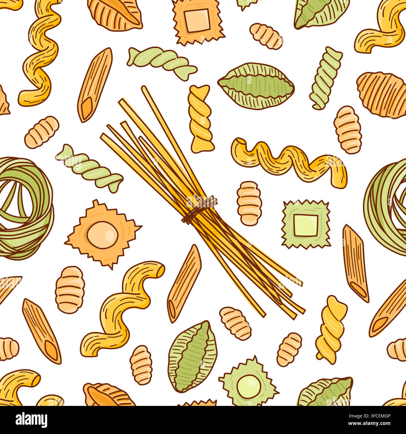 Assorted Italian pasta seamless pattern. Food pattern for packaging, restaurant branding, kitchen textiles,  Stock Vector
