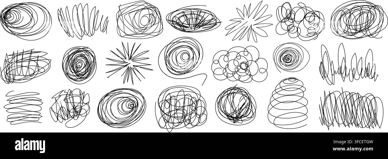 Pen doodles and scribbles form chaotic handwritten textures vector illustration set. Stock Vector