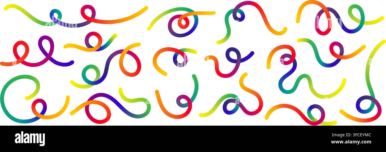 Wavy squiggle rainbow gradient color line create dynamic abstract curve vector illustration set. Stock Vector