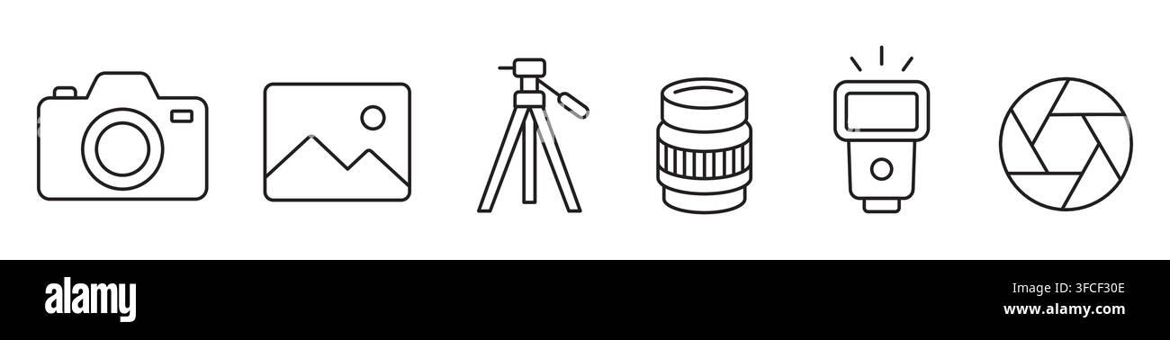 Photography Line Icon Set. Editable Stroke. Stock Vector